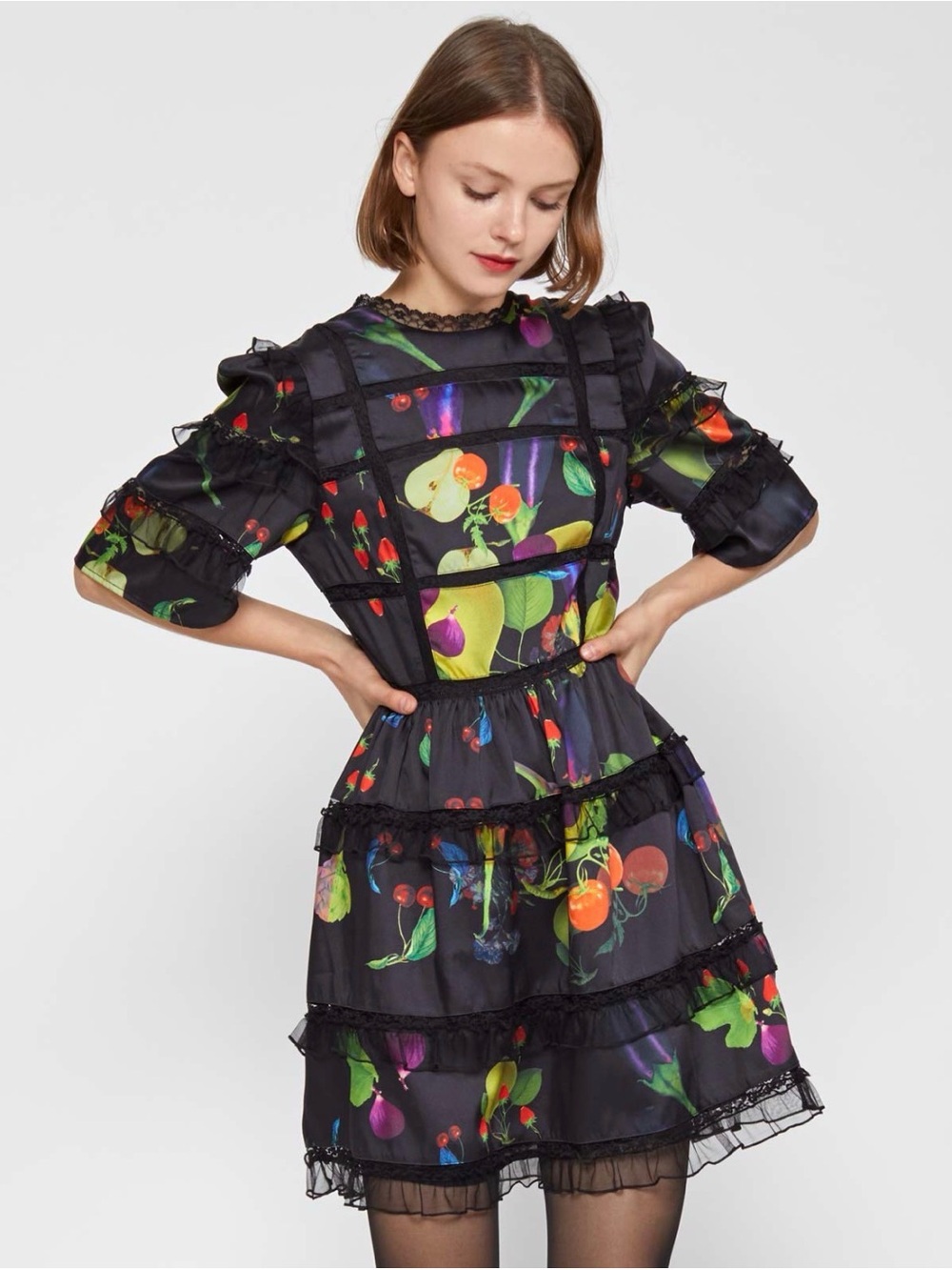 $495 Cynthia Rowley Olivia Dress Size 6 Maximalism Fruit/Veg Motif